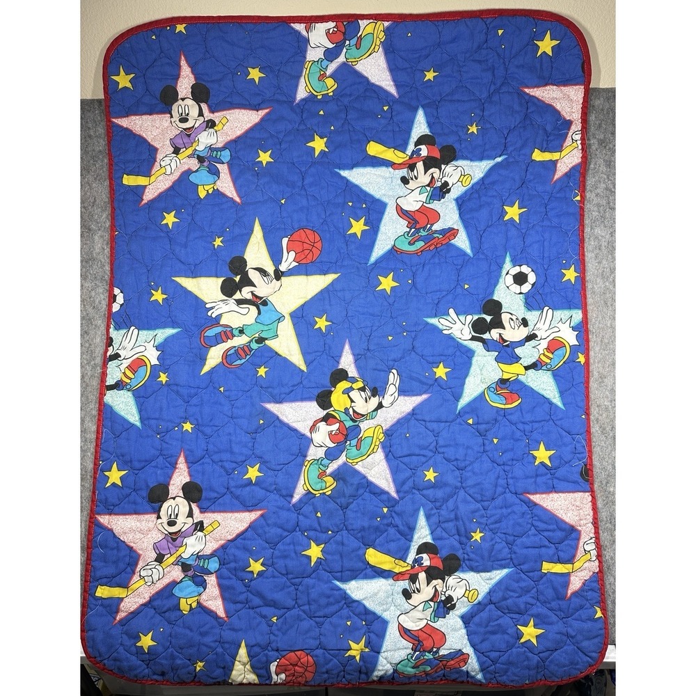 Vintage Disney Mickey Mouse Sports Quilted Crib Blanket 52x39 Blue Stars